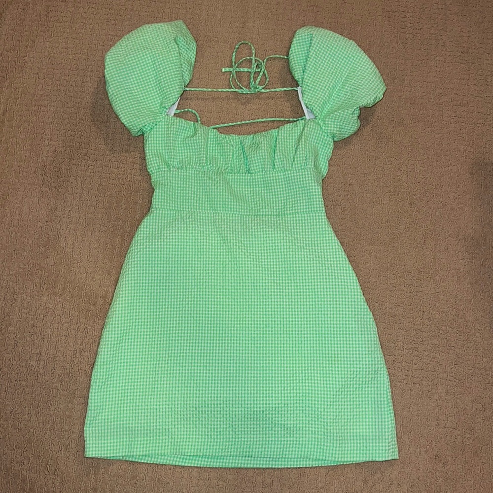 Zara green plaid mini dress puffy sleeve